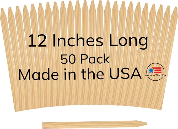 50 Pack Wooden Garden Stakes, 12" Long x 3/4" Wide, Made in USA Pine Plant Markers, Chisel Point Yard Stakes for Gardening, Row Labels, Signs & Crafts