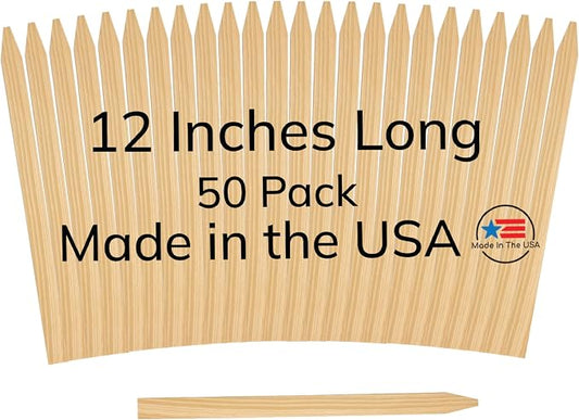 50 Pack Wooden Garden Stakes, 12" Long x 3/4" Wide, Made in USA Pine Plant Markers, Chisel Point Yard Stakes for Gardening, Row Labels, Signs & Crafts