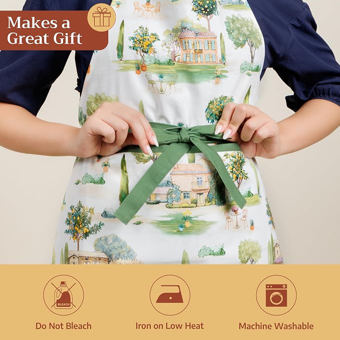 Maison d' Hermine Aprons for women with Pocket 100% Cotton (27.50"x31.50") | Adjustable Neck Strap & long ties Apron Men Chef Wedding Cooking Gardening Server Maid