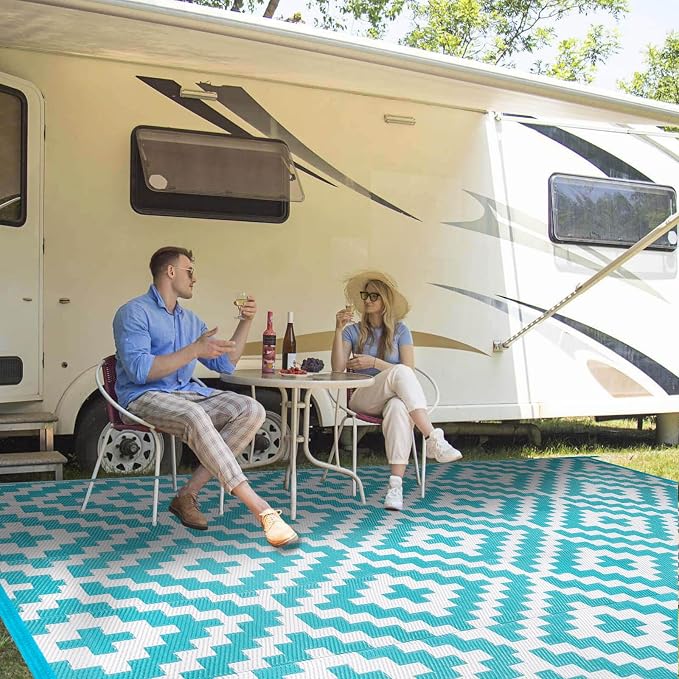 Outdoor Patio Plastic Straw Rug - 8x10 ft Outdoor Camping Rug Waterproof Reversible, Area Carpet Patios RV, Outside Porch Balcony Deck for Camper, Blue & White
