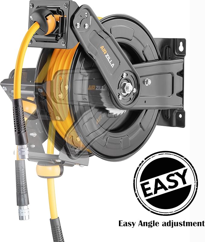 AIRZILLA Premium Steel Retractable Air Hose Reel With Dual Arm, 3/8"x65Ft Hybrid Polymer Hose, Heavy Duty Air Hose Reel included Auto Rewind Reel | Quick Air Coupler | Durable Double side Frame