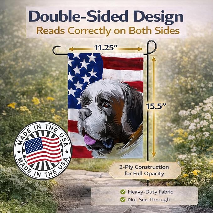 Caroline's Treasures CK6722GF Saint Bernard American Flag Garden Flag Mailbox Flag Decorative Yard Flag Banner Outside Patio Artwork Yard Flower Beds, Garden Size, Multicolor