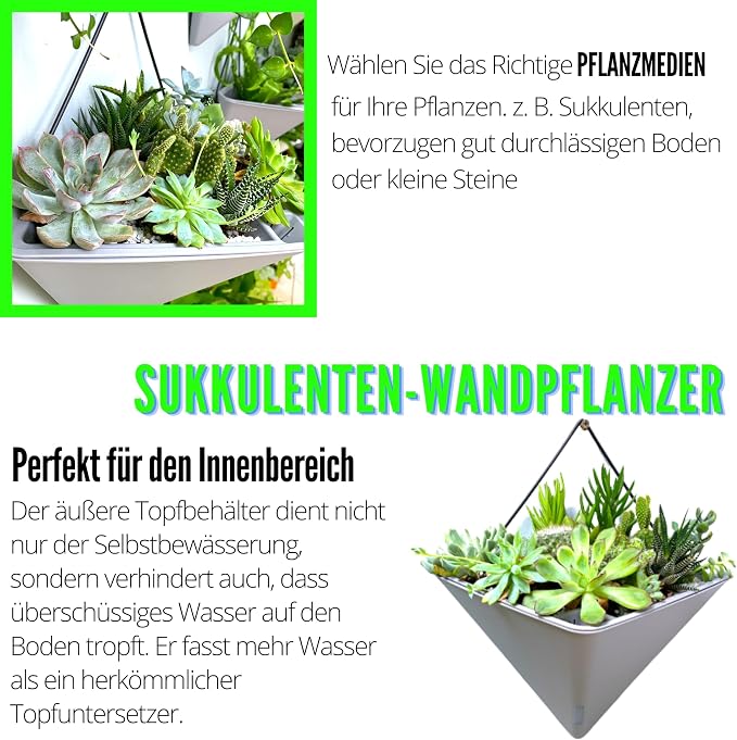 LaLaGreen Wall Planters for Indoor Plants - 4 Pack, 12 Inch Large Self Watering Gray Geometric Hanging Flower Vase Vessel with Metal Hanger, Modern Stylish Wall Mounted Succulent Pot Holder Decor
