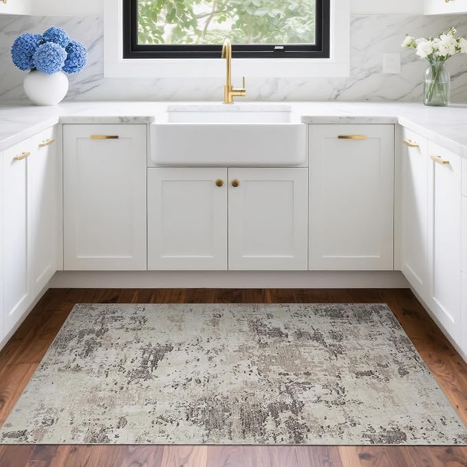 ROYHOME Modern Abstract 2x3 Area Rug Non Slip, Brown Grey | Non Shedding Low Pile Stain Resistant Rug for Entryway Kitchen Bedroom