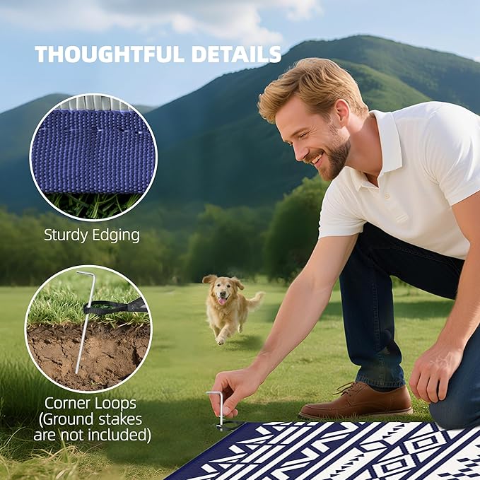 Outsunny Outdoor Rug for Patio, 9' x 18' Waterproof Large Mat, Reversible Plastic Straw Rug for Decor, Portable Outside RV Camping Area Carpet Mat for Backyard Porch Deck Picnic, Blue White Geometric
