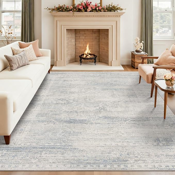 Latte&Fog Vintage Blue Rugs for Living Room, Washable Vintage 6x9 Area Rugs | for Bedroom Dining Kitchen Kids Playroom Nursery Classroom Dorm Farmhouse Office, Non Slip Low Pile Soft Floral Carpet Indoor