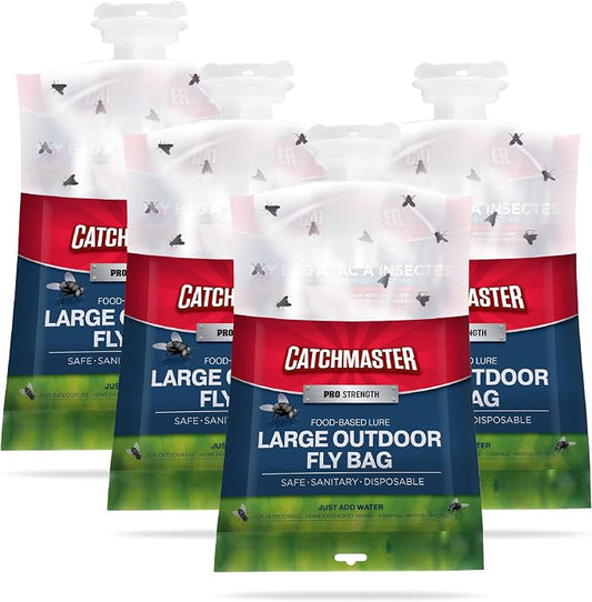 Catchmaster Disposable Outdoor Fly Trap, 4 Hanging Bags with Bait | Catches house, bottle & blowflies, Holds up to 30,000 flies, Food-based lure, no spray needed, Covers your whole yard