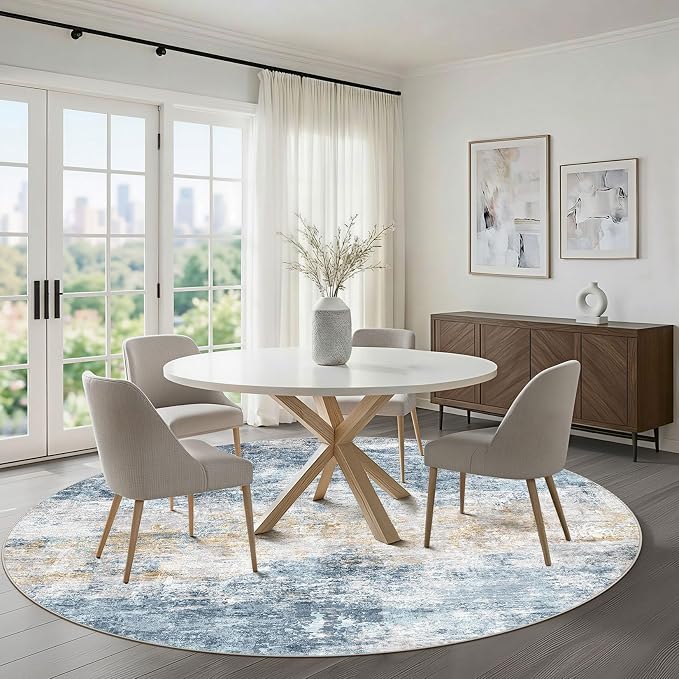 LOONGRUG Round Rug 8x8 Washable Neutral Modern Living Room Rug Blue Gold | Circle Large Abstract Soft Stain Resistant Indoor Non-Slip Carpet for Bedroom Nursery Kids Office Playroom Dining Room