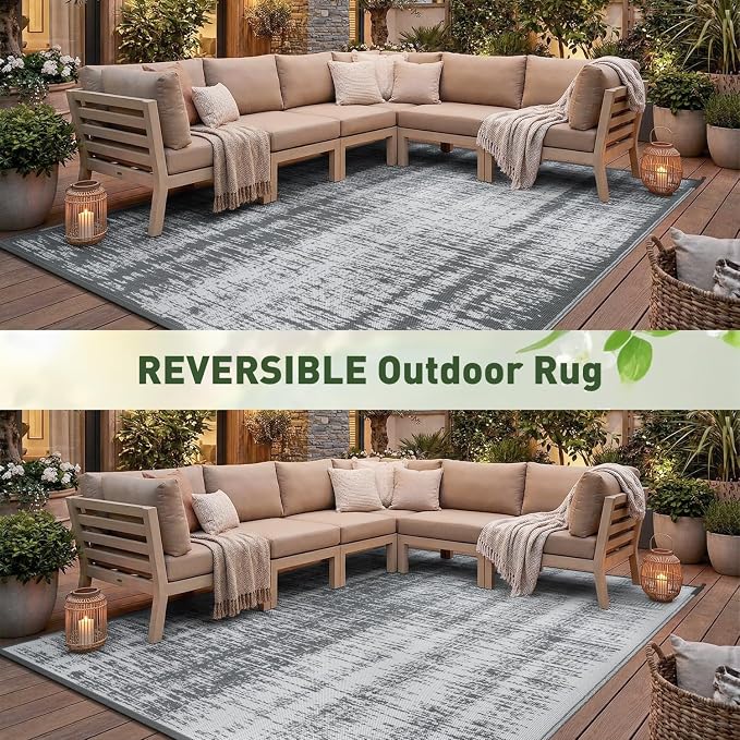 MontVoo Outdoor Rug Waterproof 5x8 ft Outdoor Carpet Patio Rug Mat Reversible RV Camping Rug Plastic Straw Outside Rug for Balcony Porch Deck Picnic Beach Modern Grey