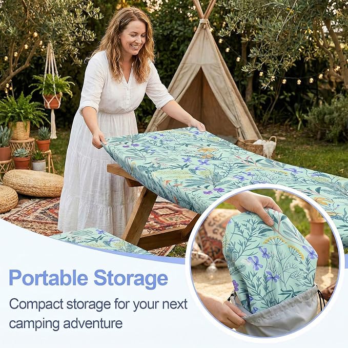 Picnic Table Cover with Bench Covers Camping Essentials Waterproof Windproof Camping Tablecloth with Drawstring Bag, Fitted Rectangle Tables and Seats, 96in, Gray Blue