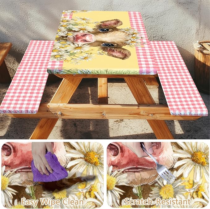Picnic Table Cover with Bench Covers Elastic Edges, Outdoor Patio Camping Essentials 72 Inch 3PCS, Waterproof Camping Fitted Tablecloth with Handbags (Pink check daisy cow)