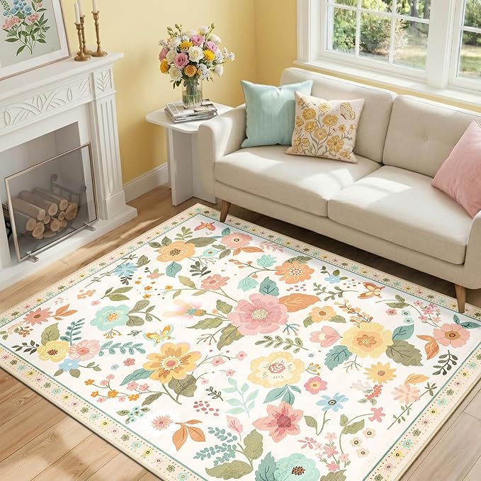 RELEANY Floral Washable 4x6 Area Rugs Beige/White/Orange | Flower Carpet, Print, Boho, Non-Slip, Easy to Clean, Soft, Low Pile for Living Room Bedroom Kitchen Office Entryway Hallway
