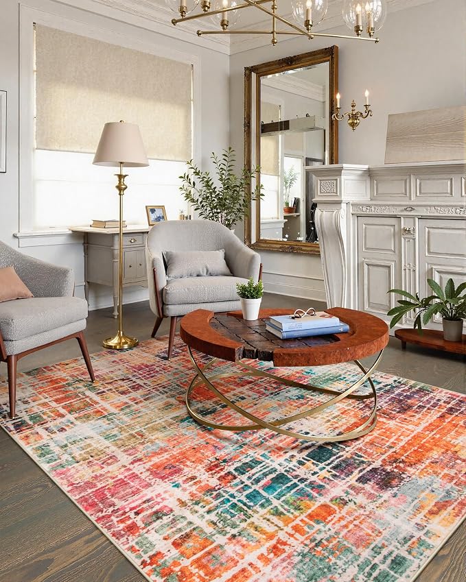 Beeiva Abstract Rugs for Living Room 5x7, Modern Washable Non Slip Area Rug, Ultra Thin Foldable Low Pile Carpet for Dining Room Office Bedroom Playroom - Multicolor