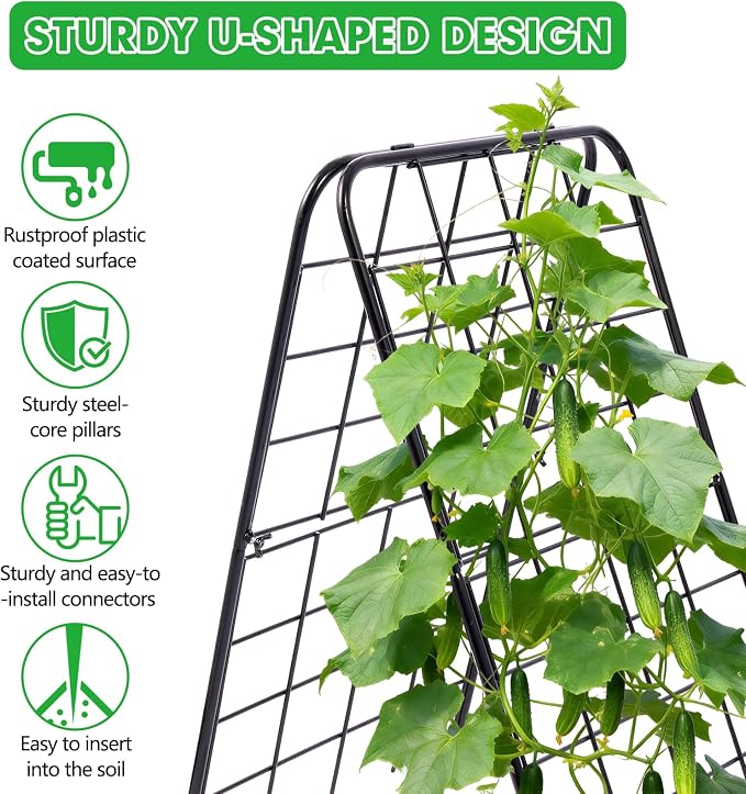 Amoskey Cucumber Trellis, Garden Trellis for Climbing Plants Outdoor, Foldable A-Frame Trellis, Cucumber Trellis for Raised Bed for Cucumbers, Peas, or Tomatoes (Black, Small Grid)