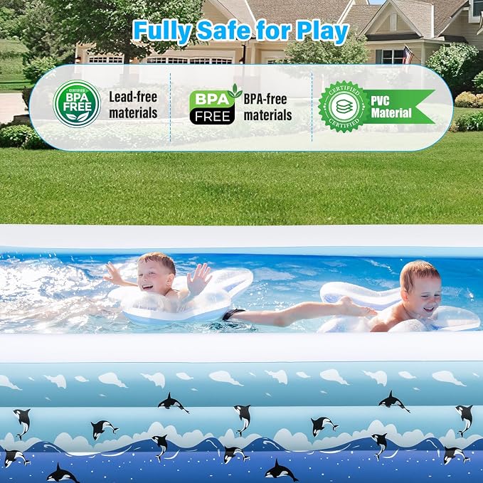Inflatable Pool 145" x 74" x 22" Large Swimming Pool for Adults & Kids, Oversized Blow Up Pool for Family, Durable Thickened Backyard Kiddie Pool for Outdoor, Garden