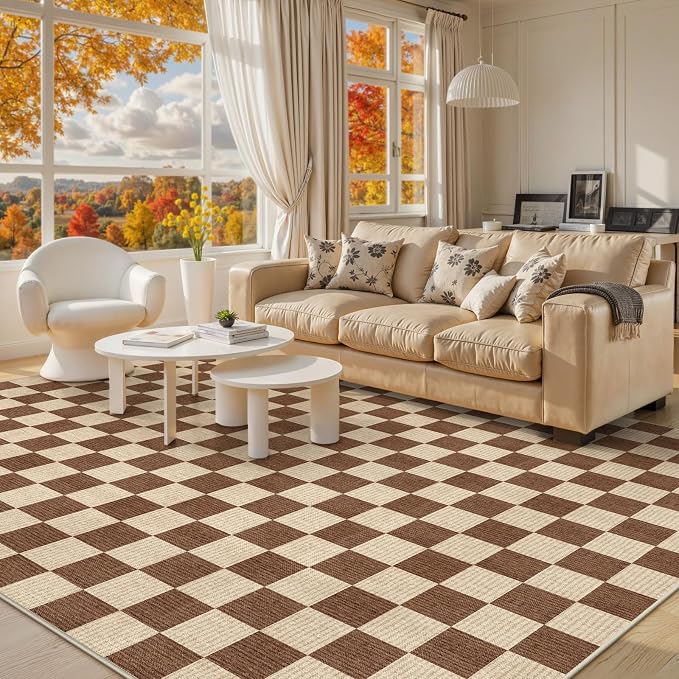 LIVEBOX 8x10 Area Rugs for Living Room, Checkered Non-Slip Washable Rugs, Farmhouse Neutral Classic Geometric Pattern Large Boys Area Rug for Bedroom, Carpet for Dining Room Office(Dark Brown,8'x10')