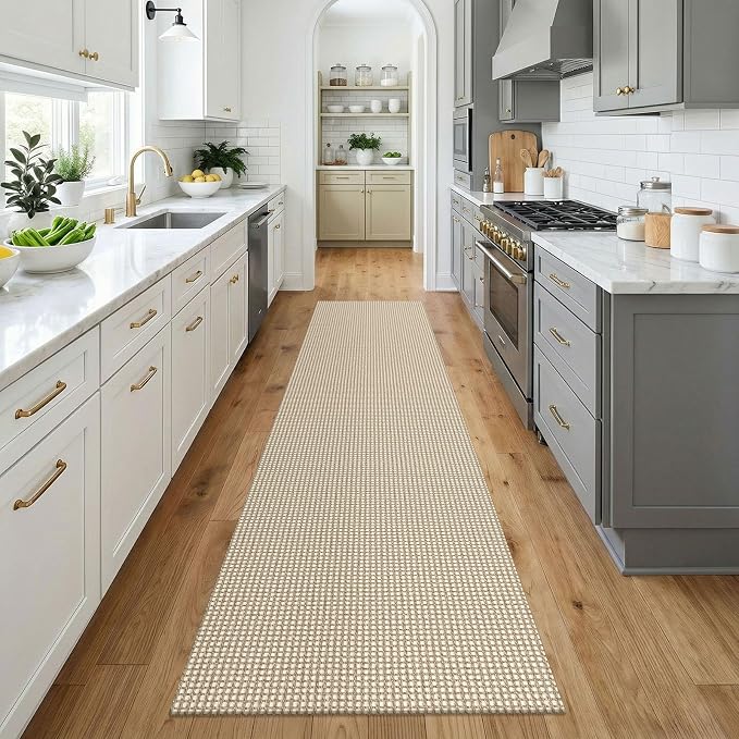 KOZYFLY Cotton Runners for Hallway 3x9, Wide Washable Runner Rug, Woven Non Slip Kitchen Runner, Braided Entryway Rug, Floor Carpet for Foyer, Bedroom, Hall, Ivory/Camel/Brown