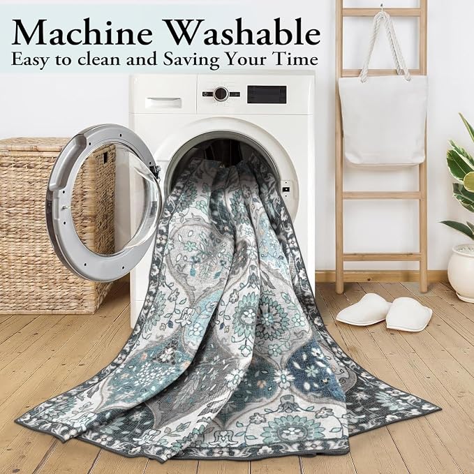 Lahome Moroccan Washable Living Room Rug, 5x8 Rugs for Bedroom Dining Room | Soft Non-Slip Non Shedding Boho Distressed Throw Carpet for Nursery Office Elise, Blue