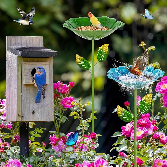 4 Pack Bird Baths for Outdoors, Colorful Metal Bird Bath for Outside, Hummingbird Bath with Five Stakes, Garden Flower Small Birdbath for Garden Decor (Red,Yellow,Blue,Green)