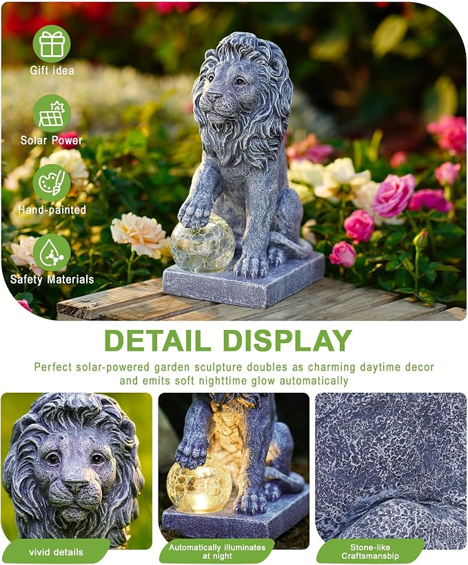 Guardian Lion Outdoor Statues for Garden with Solar Ball (Grey) | 9.45in IP65 Waterproof,Outside Decor, Yard Art Lawn Ornaments, Porch Patio Balcony Home House, Gifts for Mom Grandma Women