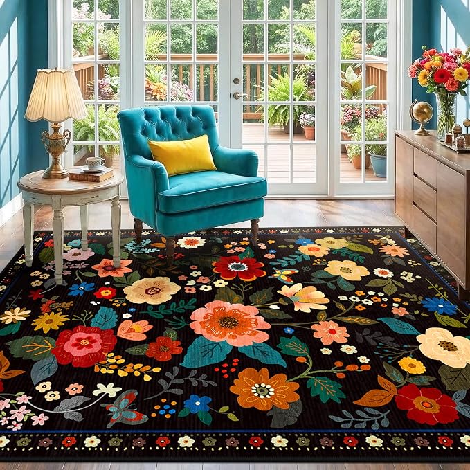 RELEANY Floral Washable 8x10 Area Rugs Black | Flower Carpet, Print, Boho, Non-Slip, Easy to Clean, Soft, Low Pile for Living Room Bedroom Kitchen Office Entryway Hallway