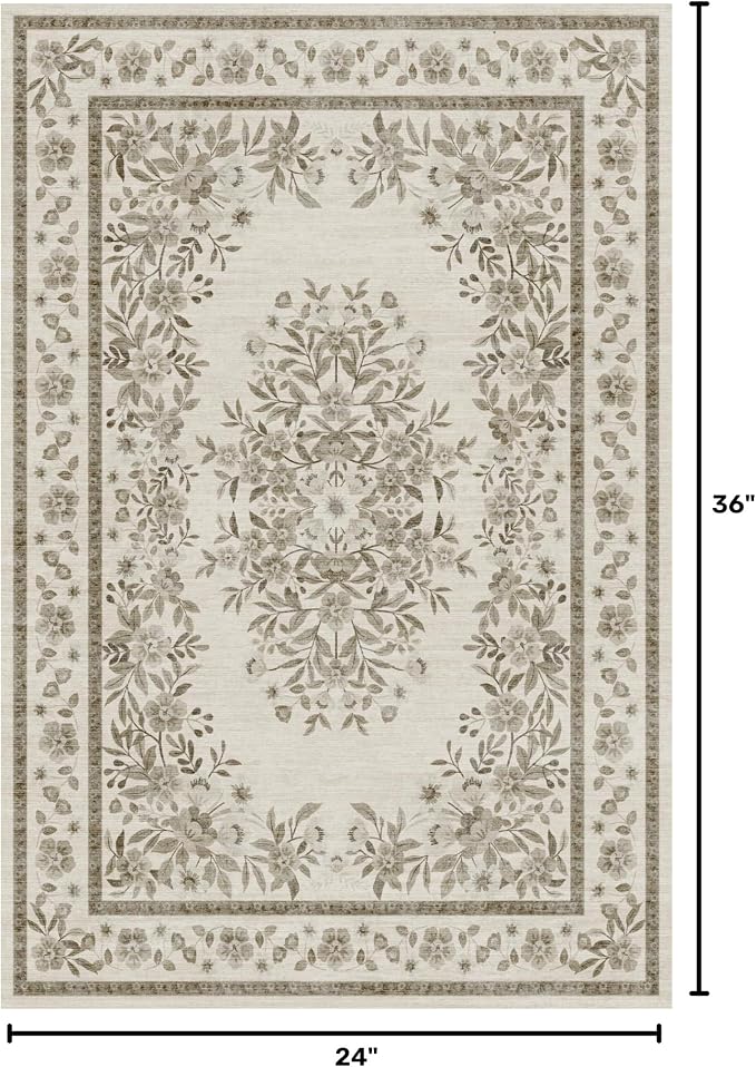 GarveeHome 2x3 Small Rug for Kitchen Vintage Floral Bordered Throw Rug | Leaf Flower Doormat Distressed Botanical Accent Mat Machine Washable Non-Slip Beige Carpet for Hallway Porch Bathroom