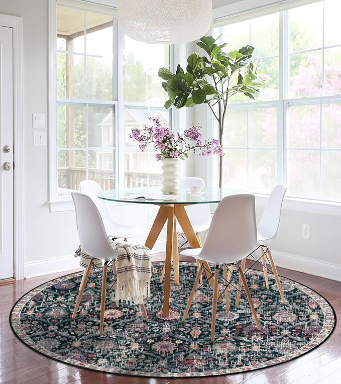 Lahome Moroccan Washable Round Area Rug, Soft Round Rug 5ft Soft Non-Slip | Trellis Non-Shedding Distressed Circle Carpet for Bedroom Living Room Bathroom Nursery Kitchen Elise, Black Multi