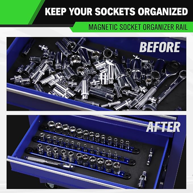 3/8-Inch Magnetic Socket Organizer Rail, Aluminum Alloy Socket Rail, Heavy Duty Sockets Holder with 14 Clips, 360° Swivel Clip Tool Tray, Sockets Organizer for Tool Box Drawer (Blue)