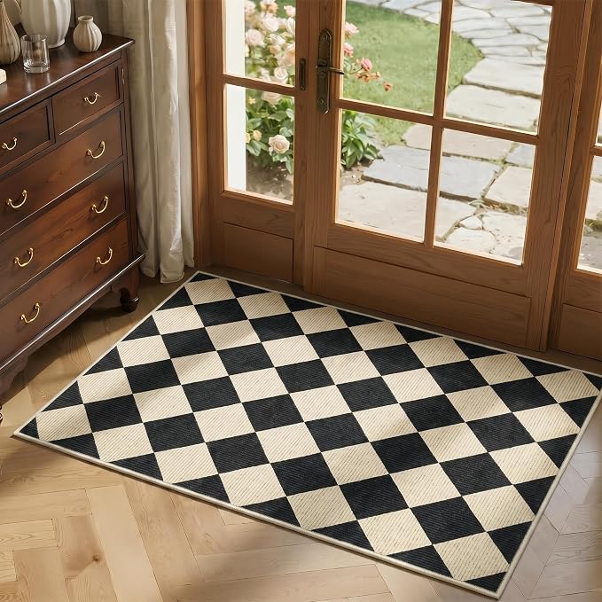 GarveeHome Checkered Entryway Rug 2x3 Black Diamond Washable Front Door | Rug Indoor Entrance Plaid Carpet Non-Slip Low Pile Throw Rugs for Kitchen Floor, Powder Room, Entry, Bathroom, Kids Room