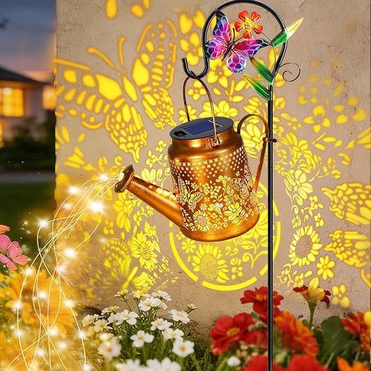 VOOKRY Solar Lights Outdoor Waterproof, Butterfly Retro Metal Solar Watering Can Lights, Gifts for Women Mom Grandma Birthday, Hanging Lantern Decorative Garden Decor for Outside Yard Lawn Patio