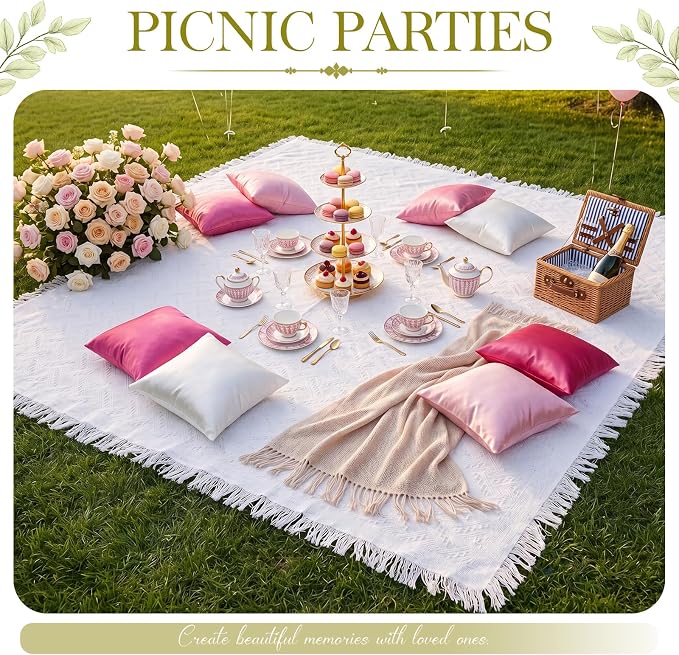 1 Pack White Extra Large Picnic Blanket, Outdoor Picnic Mat, Woven Boho Large Beach Blanket with Fringe for Park, Camping, Lawn or Wedding Photoshoot (91 x 109 Inches)