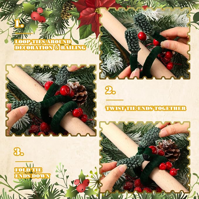 Jutom 16 Pcs 20 Inches Christmas Velvet Garland Ties Decorative Banister Twist Ties Reusable and Flexible for Xmas Light Banisters Home Stairways Railings Decoration