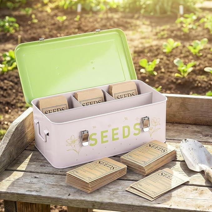 Seed Storage Organizer Box – Large Metal Seed Box with Dividers, 50 Envelopes, 100 Plant Labels, 50 Clips & Marker Pen | Seed Packet Container for Garden
