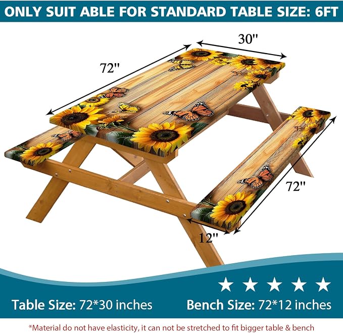 3PCS Picnic Table Cover with Bench Cover, Outdoor Patio Camping Essentials Farmhouse Sunflower Table Covers with Elastic Waterproof Camping Tablecloth with Drawstring Bag, 96In
