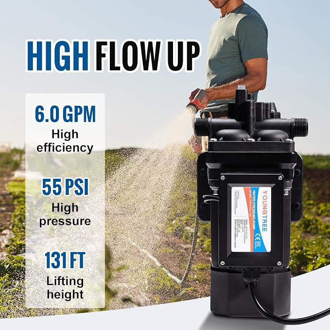 YOUNGTREE Brushless 110V Water Pressure Transfer Pump Continuous Duty 6.0GPM 55PSI On Demand Fresh Water Diaphragm Pump 110 Volt AC for Irrigation Garden Home Pool Car Washing Rain Barrel Industry
