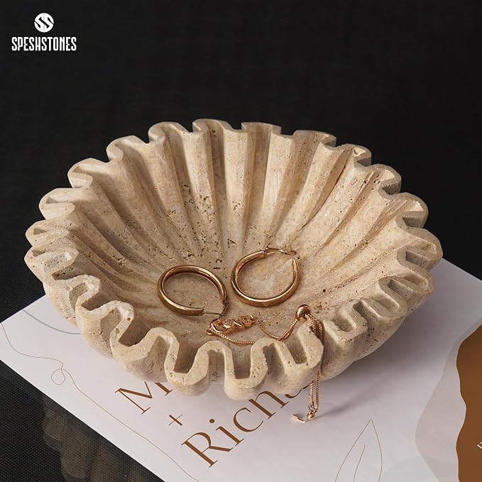Marble Decorative Bowl Handmade 8 Inch Travertine Ruffle Bowl, Fruit Bowl for Kitchen Counter, Large Scalloped Bowls for Housewarming Gifts, Modern Fluted Bowl for Home Decor