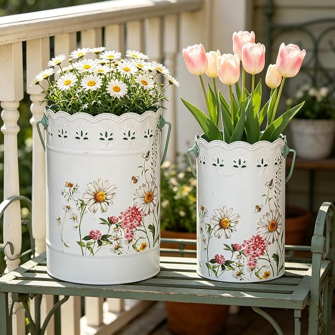 Set of 2 Farmhouse Floral Metal Flower Bucket Vase, Rustic Embossed Daisy Bee Design Planter with Hollowed-Edge, Decorative Pot for Indoor Outdoor Home Garden, Kitchen, Patio