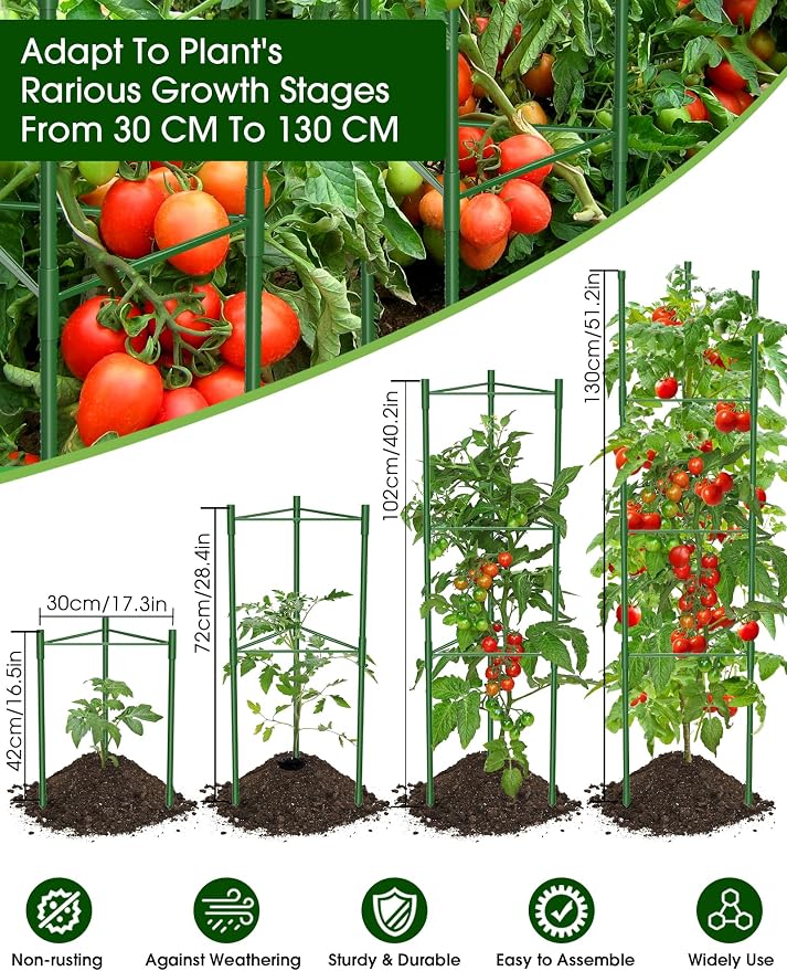 Tomato Cages, 3 Pack 51.2inch Adjustable Tomato Plant Support - Rust-Proof Tool-Free Triangle Trellis for Garden Climbing Plants, Raised Bed & Pots Plant Stakes