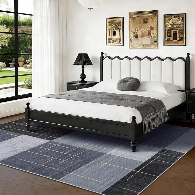 Washable Abstract Modern 6x9 Area Rugs for Living Room,Contemporary Geometric Rug for Bedroom Non Slip with Gold Striped, Blue and Grey White Checkered Carpet