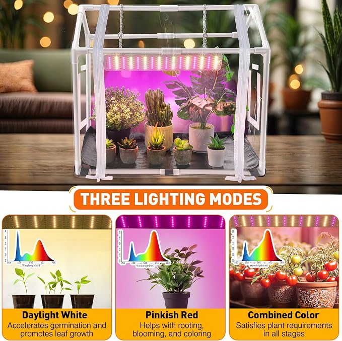 Meonum Mini Greenhouse with Grow Light, 23.6" L x 15.7" W x 19.6" H Portable Greenhouse with Waterproof Bottom Mat, Timer, 3 Light Color Mode for Indoor Outdoor Seed Starter Tray (Mini House Shape)
