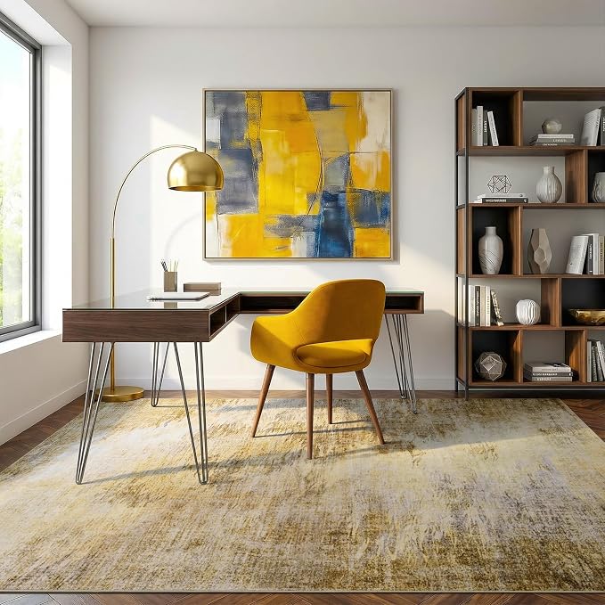 Abstract Area Rugs 8x10 Mid-Century Retro Distressed Gold Washable | TPR Non-Slip Backing Vintage Low-Pile Rug, Anti-Shedding Aesthetic Carpet for Living Room, Bedroom, Home Decor, Golden Fall