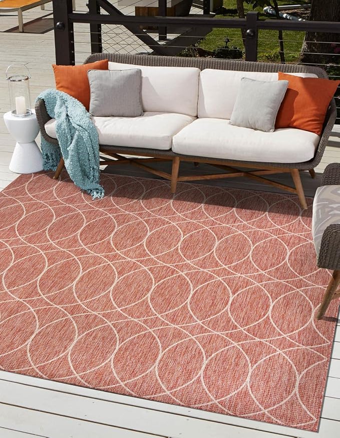 Unique Loom Outdoor Trellis Collection Area Rug - Gitter (10' Square, Rust Red/ Ivory)