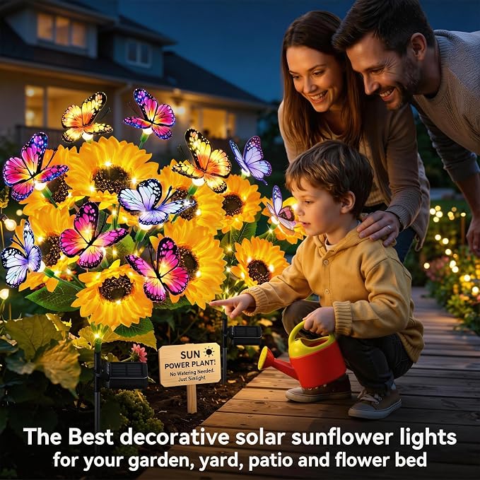 6 Pack Solar Garden Lights Outdoor, Sunflower Solar Lights with Butterfly IP65 Waterproof, Solar Flower Lights for Yard Patio Garden Decor, Auto On/Off Solar Sunflowers Decorative, Gifts for Mom Women