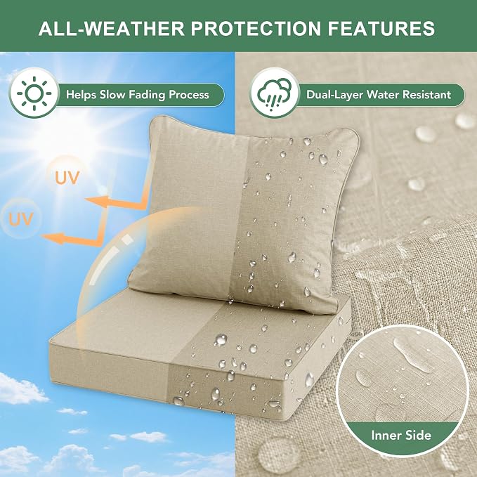 Summsun Patio Chair Cushions 22 x 22 Inch, Faux Linen Outdoor Furniture Cushions, Water Resistant Backrest and Deep Seat Cushion Set with Straps, Removable Cover, Non-Slip Bottom, Beige