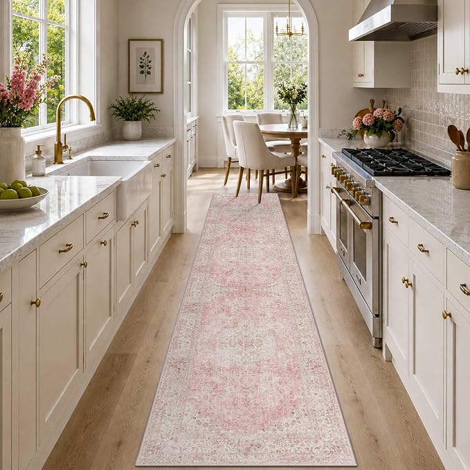 Latte&Fog Hallway Runner Rug 2x10 Non Slip Washable Pink Rugs for Kitchen | Low Pile Soft Cute Throw Rug Doormat for Entrance Bathroom Laundry Bedside Bedroom Nursery Playroom Hallyway Dorm Office