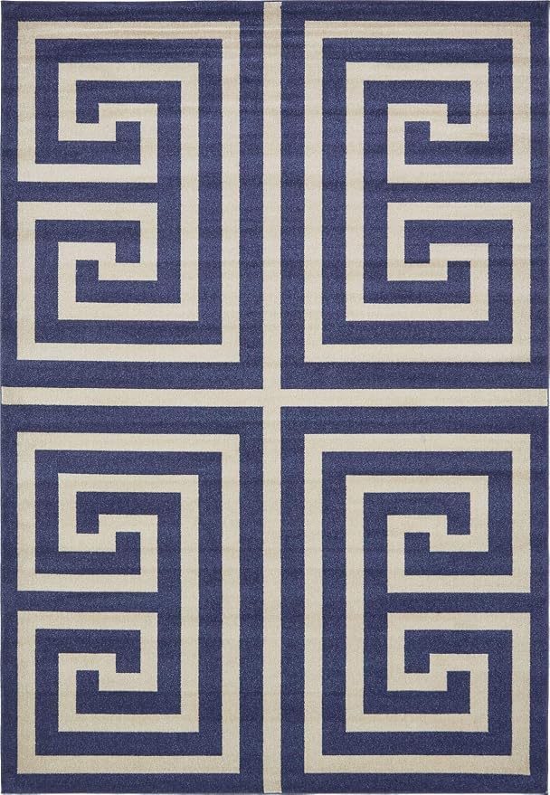Unique Loom Athens Collection Classic Geometric Modern Border Design Area Rug (8' 0 x 11' 4 Rectangular, Navy Blue/ Beige)