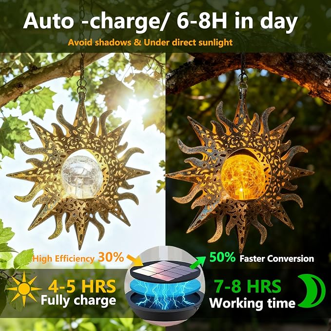 2 Pack Garden Decor Hanging Lanterns Outdoor Waterproof,Solar Lights Metal Sun Gifts Decoration for Yard Clearance Front Porch Lawn Driveway Patio Backyard Pathway Gardening Gift
