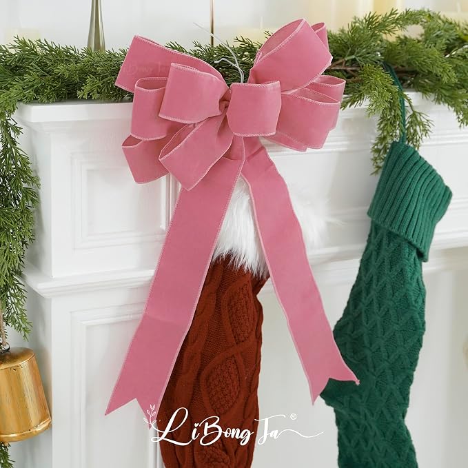 13" Dusty Rose Pre-Tied Velvet Bow For Christmas Tree, Pink Bow For Wreaths, Wedding, Premade Bows with Twist Tie, Tree Toppers Bows for Party Favor, Christmas Home Indoor Outdoor Decor-1 PCs