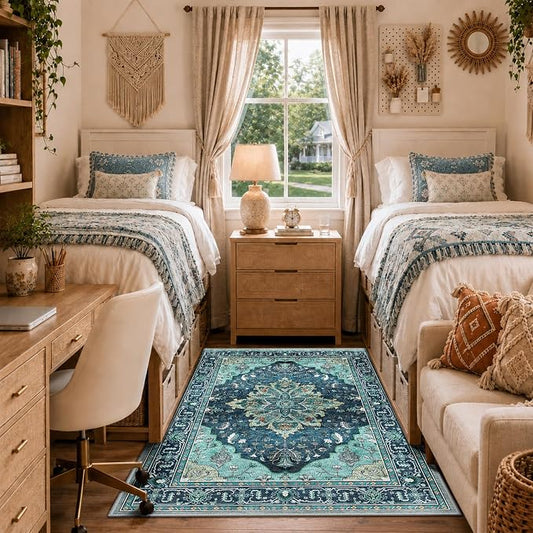 RELEANY Washable Area Rug, 4'x6', Teal | Non-Slip, Water Repellent, Pet Friendly, Easy to Clean, Vintage Floral Boho Decor for Living Room Bedroom Kitchen Office