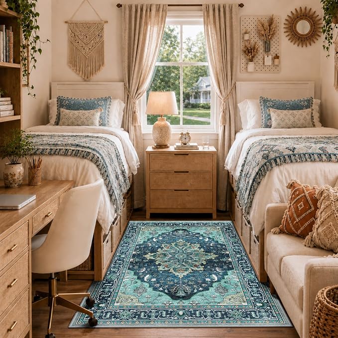 RELEANY Washable Area Rug, 3'x5', Teal | Non-Slip, Water Repellent, Pet Friendly, Easy to Clean, Vintage Floral Boho Decor for Living Room Bedroom Beside Kitchen